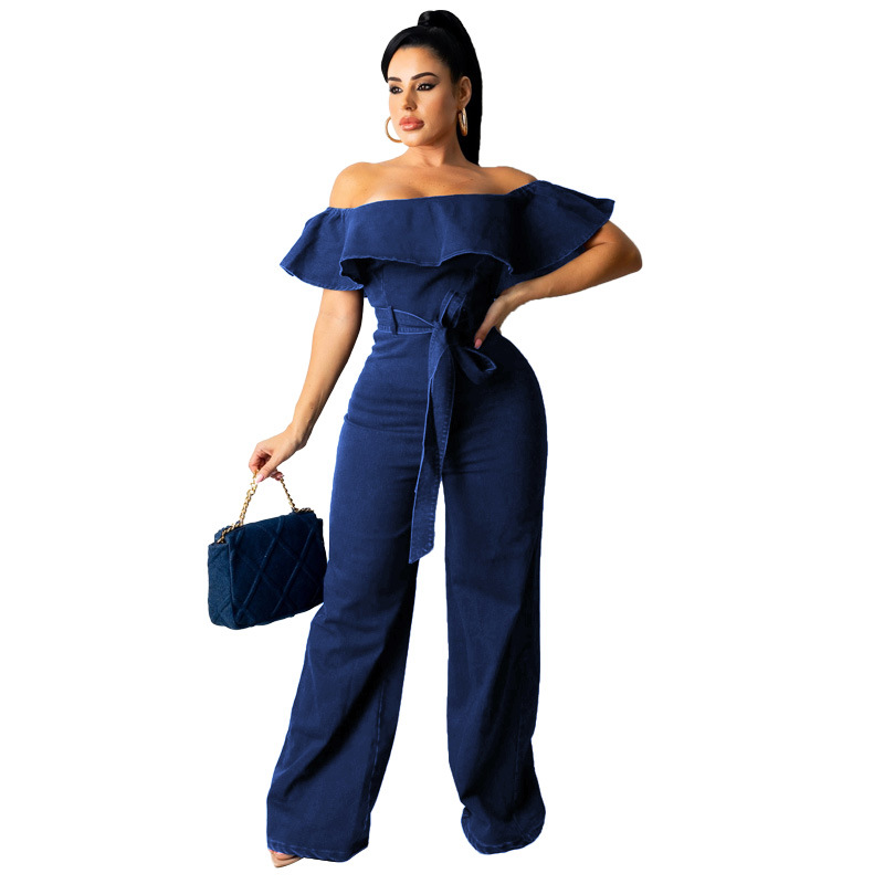 Plus Size Wide Leg Denim Jumpsuit with off Shoulder Ruffles