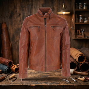 Chaqueta de Motociclista de Cuero Genuino para Hombre, Cuello Alto, Cierre de Cremallera, Estilo Biker, Color Marrón, Otoño - Product Image 3