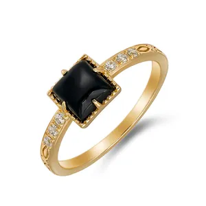 925 Sterling Silver 14K Gold Plated Gemstone Retro Cz Zircon Earrings Geometric Square Black Onyx Ring