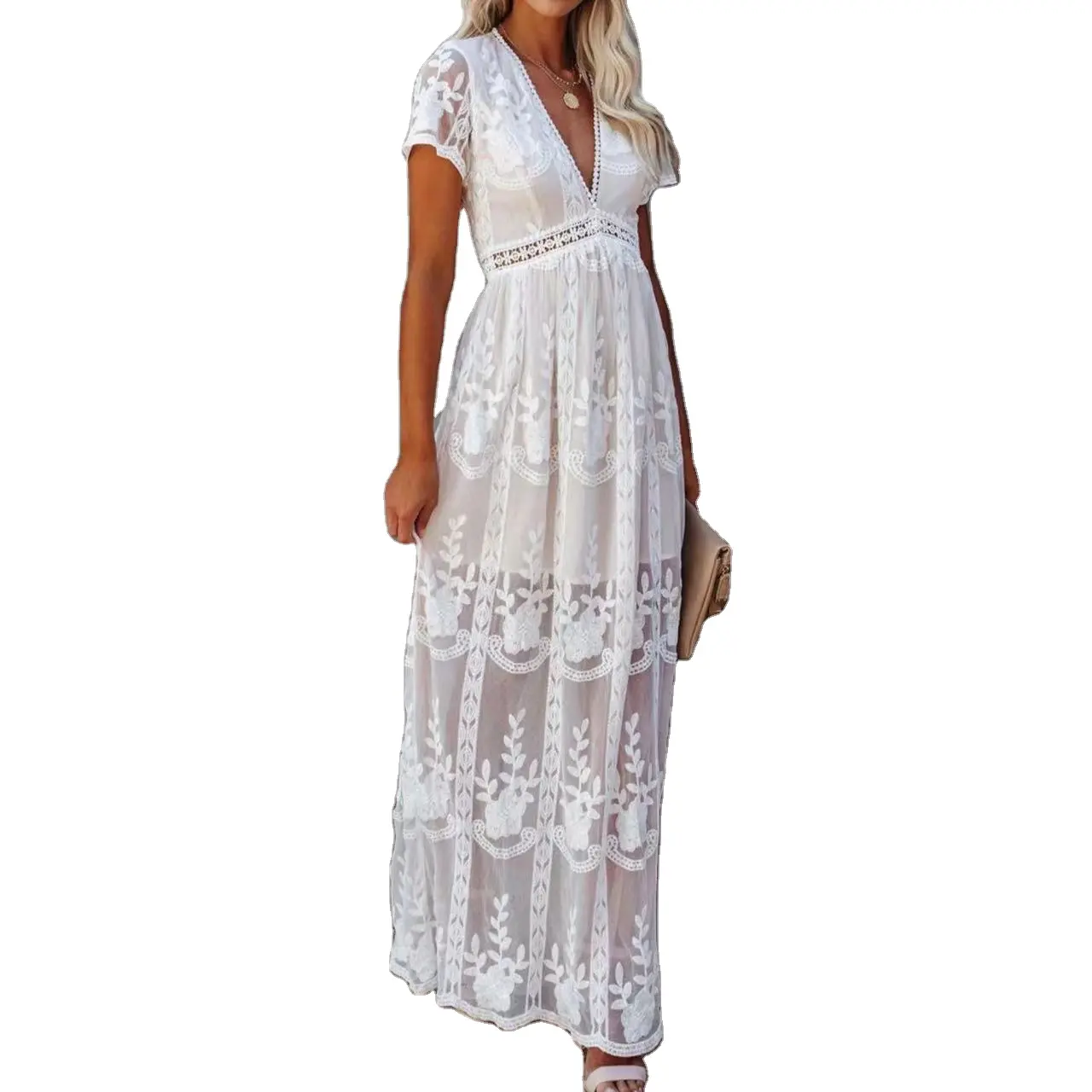 Bohemian White Casual Dress Short Sleeve bridal Deep V Neck Embroidered Sheer Chiffon Lace Women Long Maxi Dress