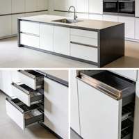Meubles de cuisine compacts en bois grainé avec tiroirs à fermeture amortie et éclairage d'ambiance sous l'îlot