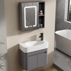 Meuble-lavabo de salle de bain mural en alliage d'aluminium avec vasque en céramique monobloc, gris, à coins arrondis, pour toilettes transfrontalières - Product Image 2