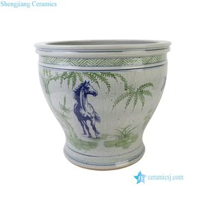 RXCG24-A Grand pot à fleurs en céramique de porcelaine bleu-vert, motif <span class=keywords><strong>bambou</strong></span> traditionnel, glaçure craquelée motif cheval - Product Image 2