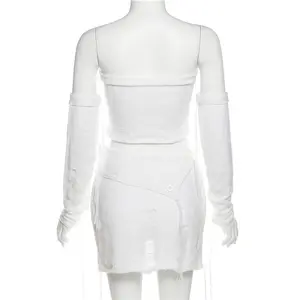 X06157C tığ kazak 2 parça Set kadın sıska elastik korse üst eldiven + şeftali kalça etekler eşleşen Streetwear kıyafetler