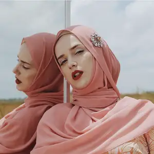 Wholesale High Quality Islamic Malaysia Wrap Muslim Women Hijabs Handmade Rhinestone Flowers Georgette Voile Chiffon Scarf Hijab