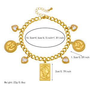 European American Gold Plated Geometric Charm Bracelet With Portrait Pendant And Diamond Heart Accents Gift Jewelry - Product Image 4