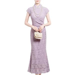 Robe Cheongsam en dentelle violette pour <span class=keywords><strong>femme</strong></span> Vintage Elegant Chinese Traditional Short Sleeve Dresses Light Ripe Style Qipao - Product Image 2