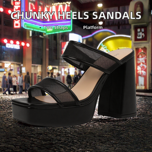 Sandalias de Plataforma Negras de Malla para Mujer, con Dos Tiras, Estilo Mule, Tacón Grueso, Punta Cuadrada, para Verano - Product Image 2