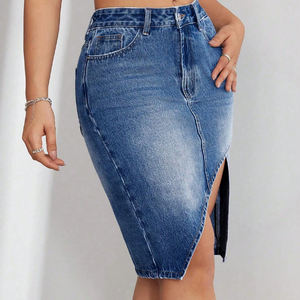 Falda <span class=keywords><strong>Midi</strong></span> vaquera ajustada asimétrica de cintura alta personalizada para mujer, dobladillo con borde de corte rasgado con bolsillos y botones, informal, otoño - Product Image 3