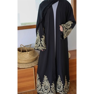 1495# Modest Navy Black <b>Abaya</b> with Gold Embroidery Lace Breathable Spring Summer Occasion Islamic <b>Abaya</b> Dubai Design - Product Image 3