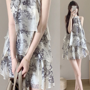 Robe d'été décontractée et élégante pour femme, en mousseline vintage, imprimé peinture à l'encre, col licou, sans manches, style jupe, tendance - Product Image 3