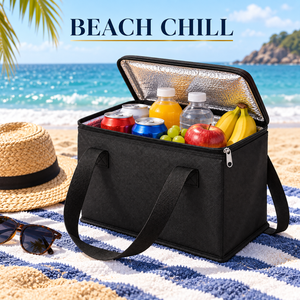 Sac isotherme noir non tissé avec fermeture éclair, poignées souples, sac à déjeuner thermique, sac d'épicerie réutilisable pour la plage, le pique-nique, la promotion - Product Image 1