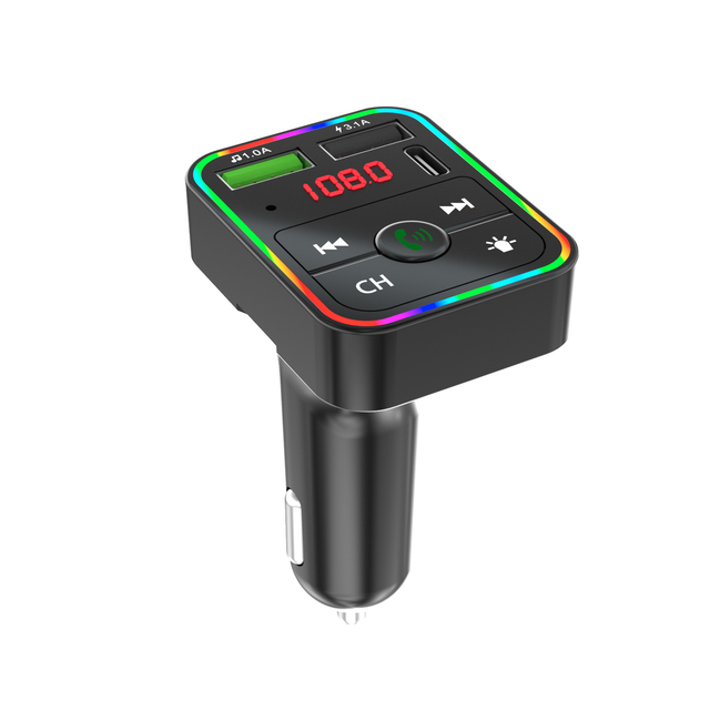 F2 Colorful BT 5.0 Car FM Transmitter PD Type-C Dual USB 3.1A 60W Fast Charger Ambient Light Cigarette Lighter Mobile Phone