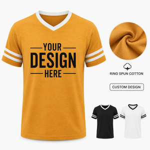 Camiseta de Algodón Hilado en Anillo con Diseño Personalizado, Cuello en V, Manga con Rayas en Contraste, Ropa Promocional para Equipos, OEM - Product Image 1