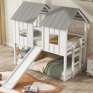 Cama doble de madera personalizada para niños, diseños de casa, litera para niños, cama de madera de color claro para niños, cama de madera con tobogán - Product Image 2