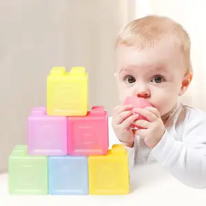 Mini Baby Blocks Soft Building Blocks Baby Teething Toys Educational Squeeze Silicone Teething with Numbers Animals and Shapes
