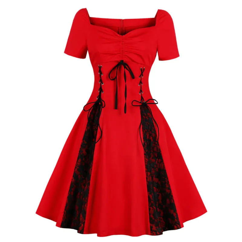 Vestido de algodón Vintage de estilo gótico Steampunk, ropa de calle Rockabilly Jurken de 50s y 60s, rojo y negro, Patchwork, con cordones, 2023