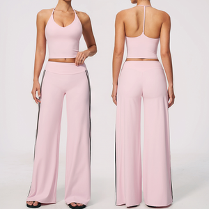 Ensemble 2 pièces sans bretelles pour femme, rose, sans manches, crop top, pantalon taille haute à jambes larges, rayures latérales, tricoté, respirant, style sportif - Product Image 1