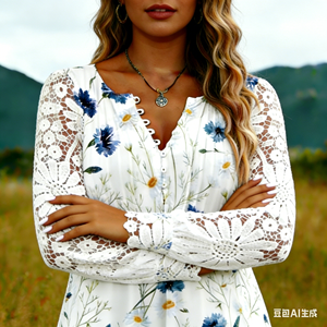 European Style Sexy Lace <b>Long</b> Sleeve Plus Size <b>Top</b> for <b>Women</b>-Loose Fit Floral Pattern Button Milk Fiber Summer Blouse - Product Image 4