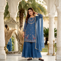 Setelan Sharara Bordir Biru Salwar Kameez Wanita Gaun Pernikahan Tradisional India Pakistan Bahan Georgette Panjang Mata Kaki Regular Fit