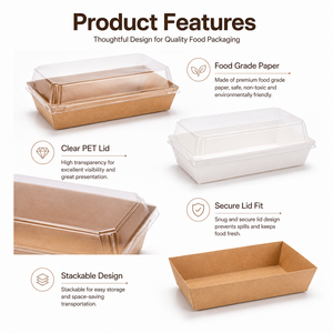 Envases rectangulares desechables de papel kraft para alimentos con tapas de plástico para comida para llevar - Product Image 3