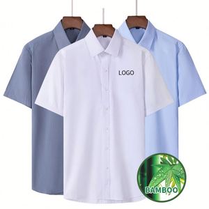 Chemise unie blanche OEM pour homme en fibre de bambou et coton, coupe ajustée, manches courtes, personnalisable pour affaires - Product Image 1