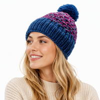Bonnet d'hiver tricoté à la main pour femme, bleu marine, couleurs mélangées, avec pompon, bonnet épais et chaud, bord côtelé, doux, pour l'extérieur, usage quotidien, décontracté, OEM