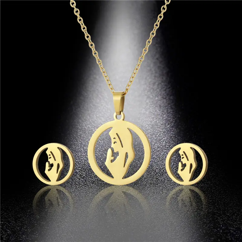 Middle Eastern Mrings Dubai 18k Gold Plated Jewelry Sets Stainless Steel virgin mary charms pendant necklace Jewellery Women