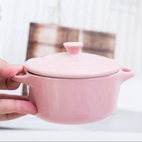 Mini-Casserole ronde en céramique, ustensiles de cuisine portables, Design de couleurs roses, chauffe-aliments avec poignées, vente en gros