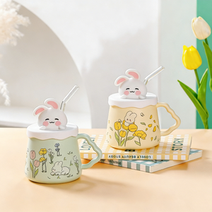 Mug en céramique de 420 ml avec couvercle en silicone mignon en forme de lapin, réutilisable et sans danger pour les aliments, gobelet à pousser-tirer pour boissons chaudes/froides - Product Image 2