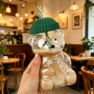 Listo para Enviar al por Mayor: Vaso <span class=keywords><strong>de</strong></span> Cristal con Diseño <span class=keywords><strong>de</strong></span> Oso 3D, Tapa y Pajita, Transparente y Estético, para Café Helado, Envío Rápido - Product Image 3