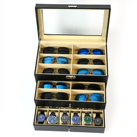 Cuero 12 piezas anteojos y 12 relojes Almacenamiento y gafas cajón de exhibición organizador de caja bloqueable