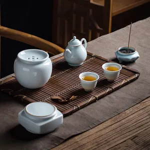 Zhong's Kiln Service à thé en céramique Théière 6 pièces Tasse à thé en porcelaine Ru Bol à thé en céramique Kung Fu Bureau à domicile Coffret cadeau invité
