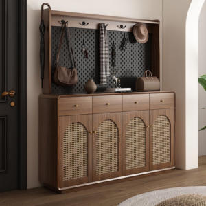 <span class=keywords><strong>Banc</strong></span> à pédale réglable en <span class=keywords><strong>bois</strong></span> massif et panneau de particules moderne, avec revêtement en rotin tressé, pour le rangement des chaussures, le hall d'entrée, le salon - Product Image 1