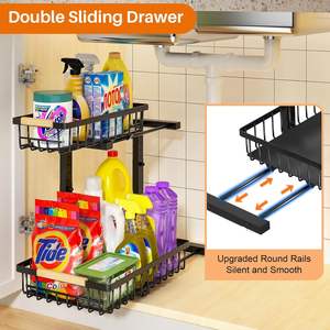 Organizador ajustable debajo del fregadero-Ancho expandible de 10,2 "a 14,2", de 2 niveles carro rodante para cocina/baño, capacidad para botellas pesadas - Product Image 2