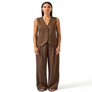 Conjunto <span class=keywords><strong>de</strong></span> <span class=keywords><strong>Traje</strong></span> Elegante <span class=keywords><strong>para</strong></span> Mujer, <span class=keywords><strong>Chaleco</strong></span> Marrón sin Mangas, Pantalones <span class=keywords><strong>de</strong></span> Pierna Ancha, Blazer <span class=keywords><strong>de</strong></span> Cuello en V con Cierre <span class=keywords><strong>de</strong></span> un Botón y Pantalones <span class=keywords><strong>de</strong></span> Cintura Alta <span class=keywords><strong>para</strong></span> Oficina - Product Image 6