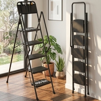 Escabeau pliant moderne en acier à 5 marches, portable, avec poignée, sac à outils, pieds en caoutchouc antidérapants, capacité de 330 lb, pour la maison