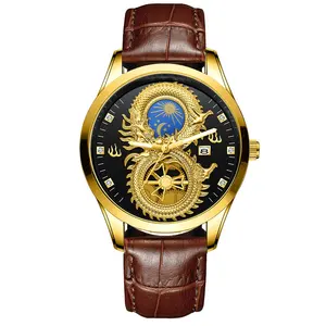 Leather Watch Strap Full Gold Moon phase Dragon Design Unique Watch For Men