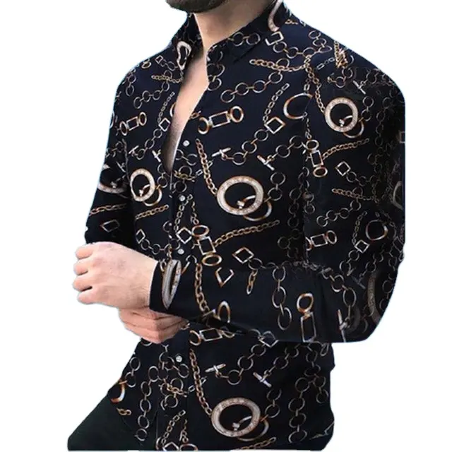 2024 New Fashion Mens Long Sleeve Slim Printed Shirt Black Casual Shirts Tops Athlete Shirts For Men