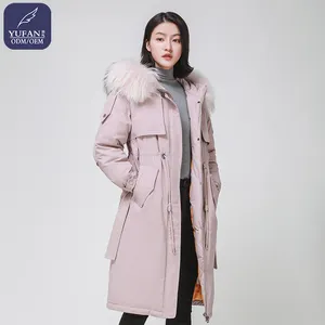 YuFan 사용자 정의 겨울 긴 여우 모피 후드 다운 파카 패션 아기 핑크 파카 여성 다운 파카 코트