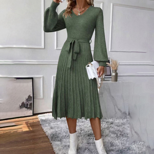 Nuovo abito Casual a vita alta a maniche lunghe con ampia fornitura di ODM per abiti da donna in <span class=keywords><strong>lana</strong></span> autunnale - Product Image 3