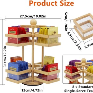 Estante giratorio de bambú para bolsitas de té, 27.5x27.5x31 cm, giratorio 360 grados, tipo vertical, para organizar la encimera de la cocina del hogar. - Product Image 5