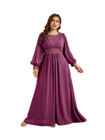 Robe de soirée maxi tendance pour femmes grandes tailles, couleur unie, col rond, manches lanternes, avec décoration en sequins plissés sur le devant