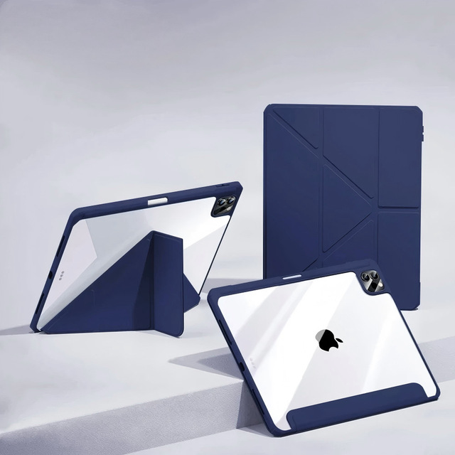Y-Fold Clear Acrylic Back Tablet Case for iPad Pro 11 Inch Built-in Pen Slot Vertical Horizontal Stand Smart Folio Tablet Case
