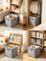 Deyun Lot de 4 paniers de rangement en tissu, gris bicolore, pliables, avec poignées en cuir PU, pour placards et étagères domestiques