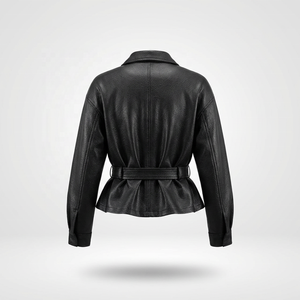 Blouson Bomber Court en <span class=keywords><strong>Cuir</strong></span> PU à Motif Litchi pour <span class=keywords><strong>Femme</strong></span>, Ceinturé, Col Rabattu Élégant, Simple Boutonnage, Collection Automne - Product Image 2