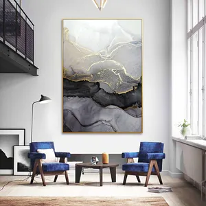 热卖北欧大理石艺术帆布画现代抽象灰色和金色风格酒店装饰海报图片
