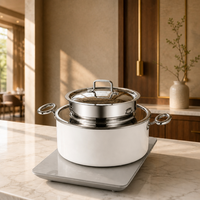 Witte ronde chafing dish, waterbad- of inductiekookplaat verwarming, roestvrijstalen buffetwarmer voor hotelbanketten en catering