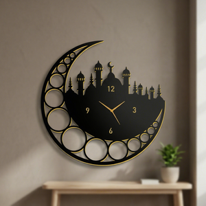 Reloj de Pared Metálico de Ramadán con Diseño de Luna Creciente y Mezquita, Cuarzo Analógico Silencioso, Decoración Colgante para Sala de Estar, 24x24 Pulgadas - Product Image 5