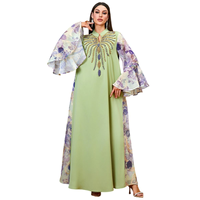 Abaya élégante à imprimé floral perlée à la main, manches évasées, col en V, kaftan musulman modeste, robe longue jusqu'aux chevilles pour le Ramadan et l'Aïd